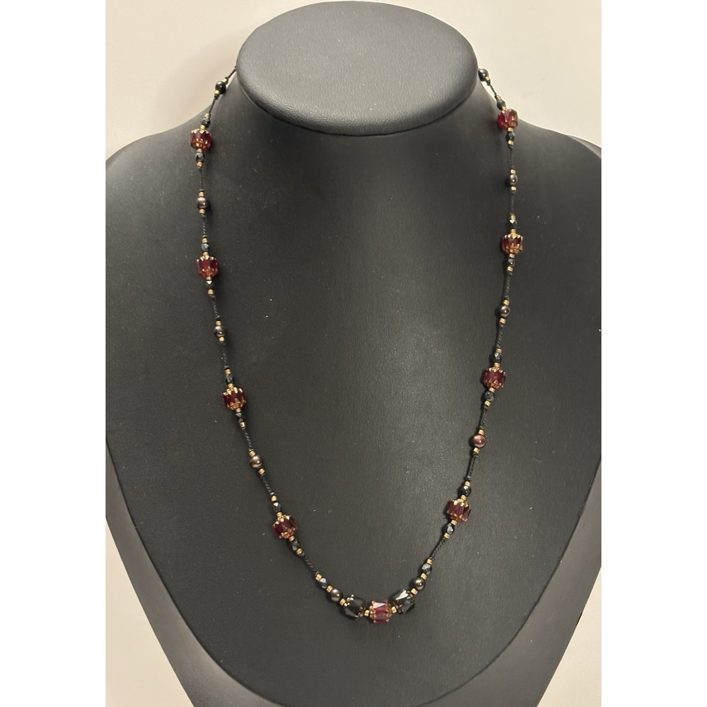 Holly Yashi 14K GF Red Black Crystal Beaded Necklace 18" Dainty Adjustable